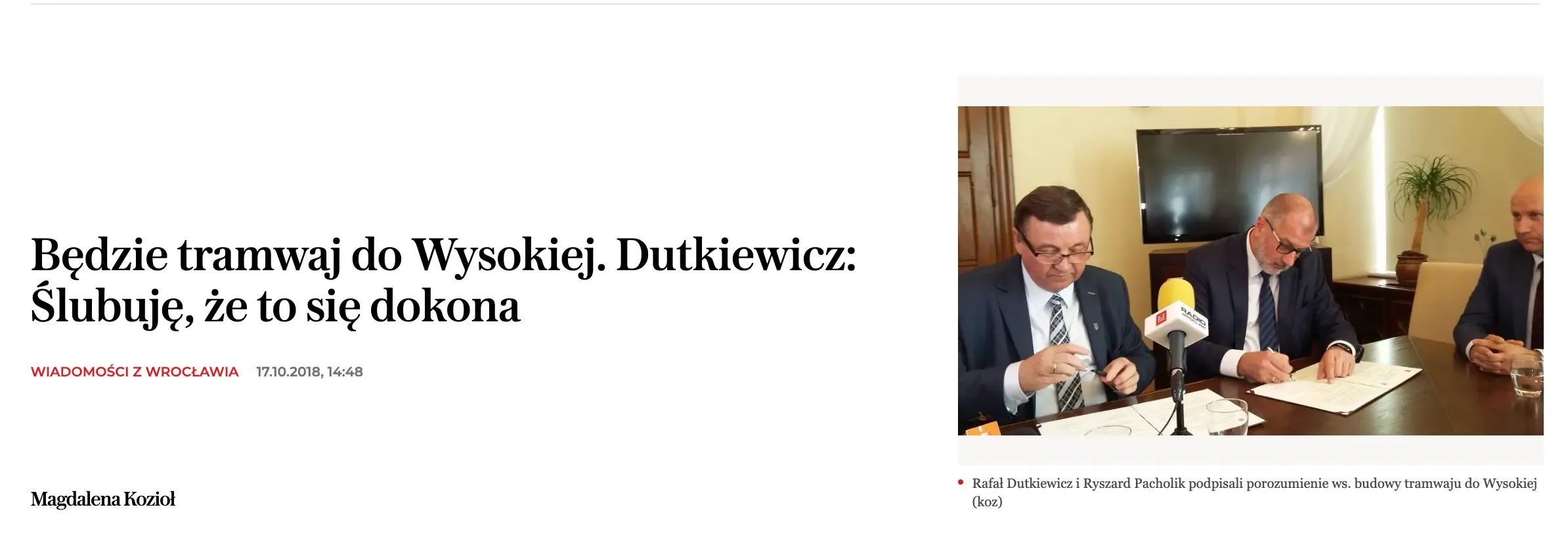 Zrzut nagłówka artykułu „Będzie tramwaj do Wysokiej. Dutkiewicz: Ślubuję, że to się dokona”, Gazeta Wyborcza, 17 października 2018 r.
